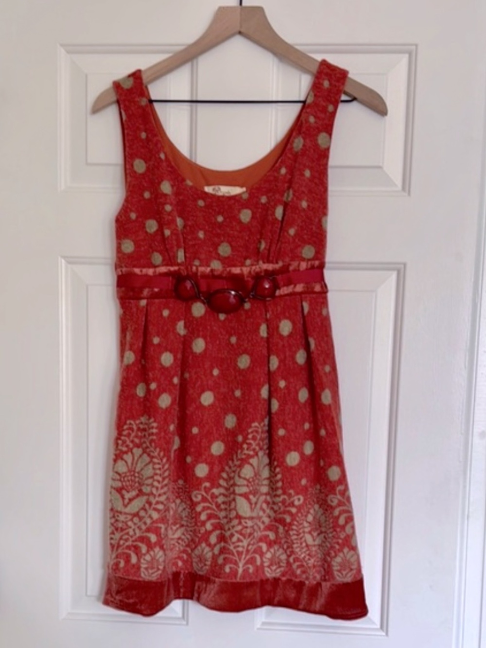 Aryeh Burnt Orange and Oatmeal Polka Dot Velvet Dress + Bead Accent Belt Large